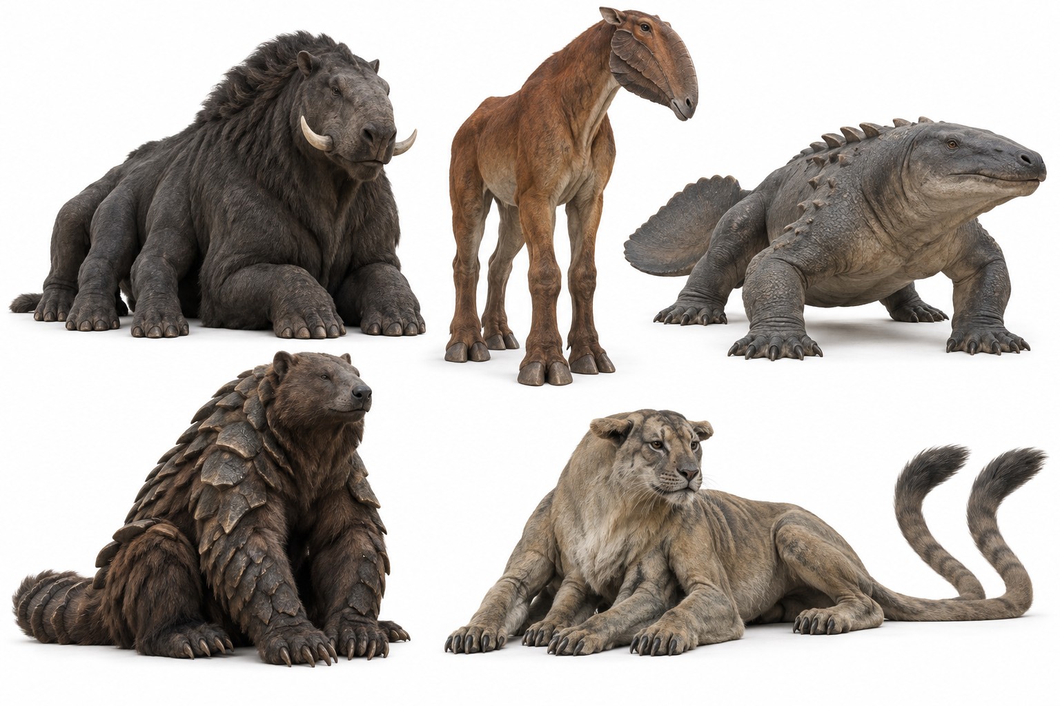 Five mythical animals of Mayavanam shown together on a white background