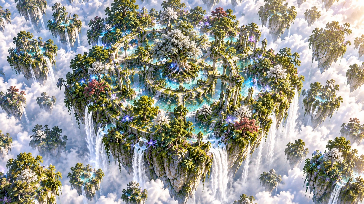 An aerial view of a forest-covered floating island with turquoise pools and cascading waterfalls