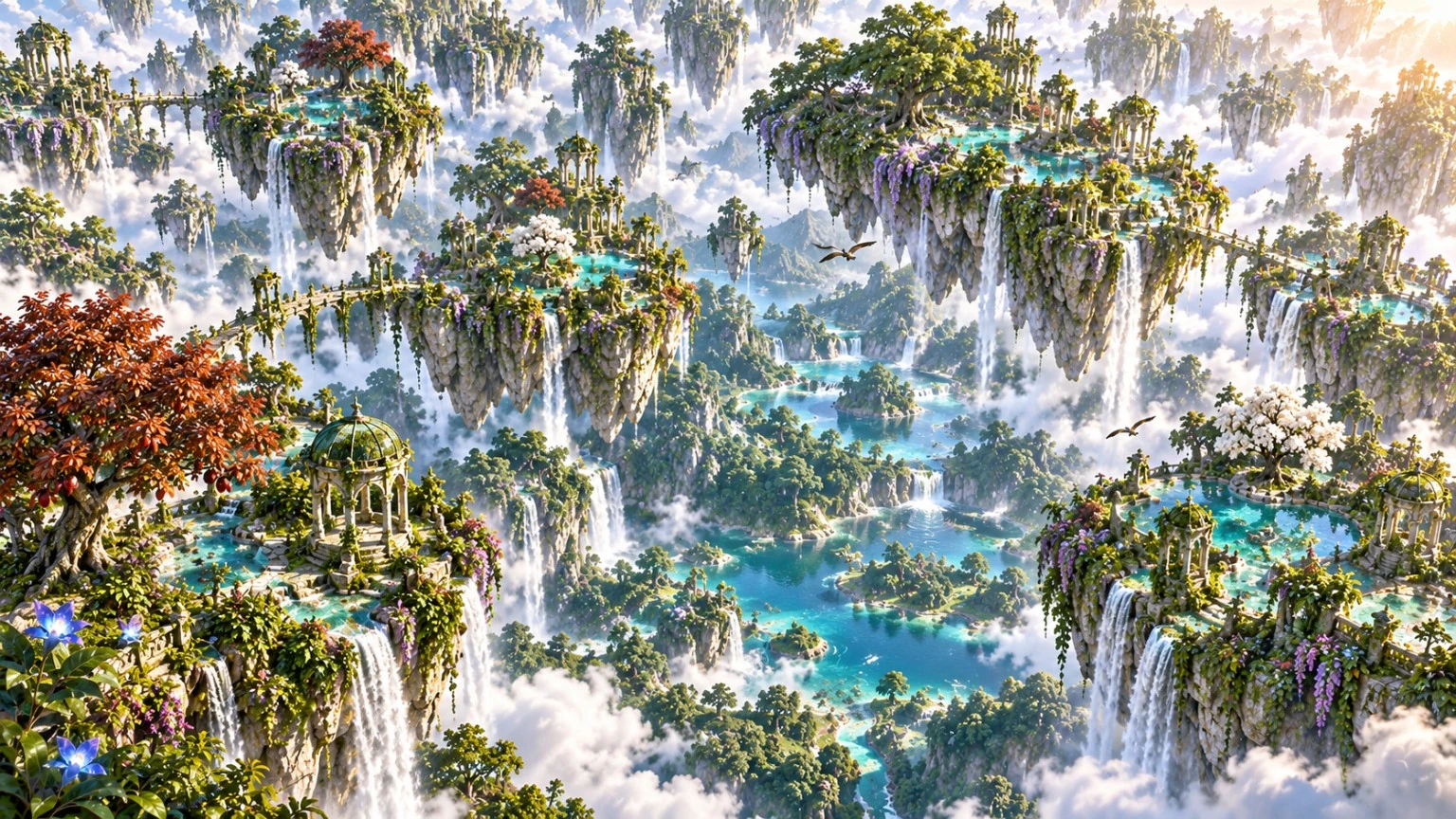 Floating forest islands above a turquoise river valley filled with mist and waterfalls