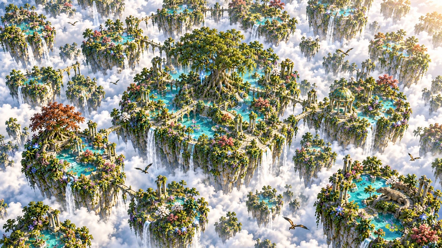 A high view of many lush floating islands with turquoise waterways above white clouds