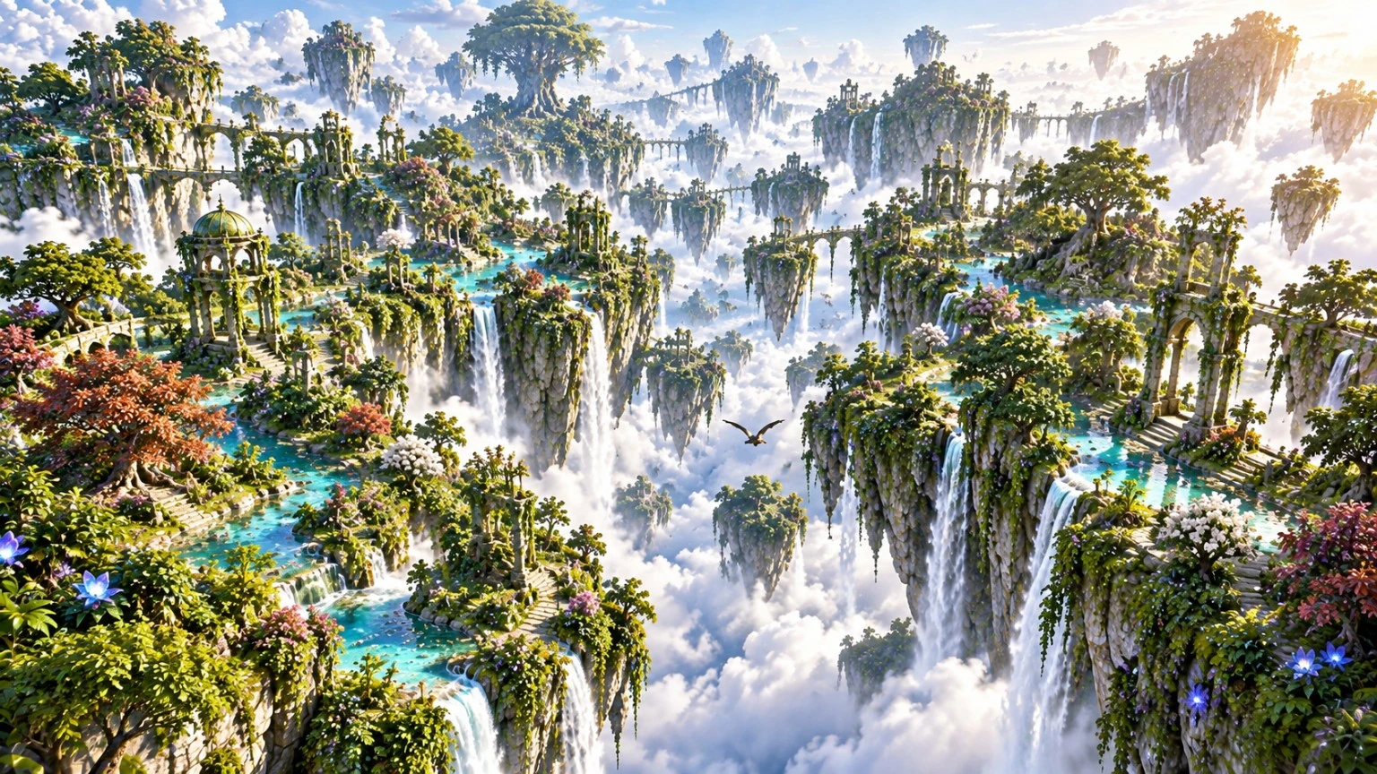 Waterfalls spilling from floating cliffs, with bridges crossing a misty forest chasm