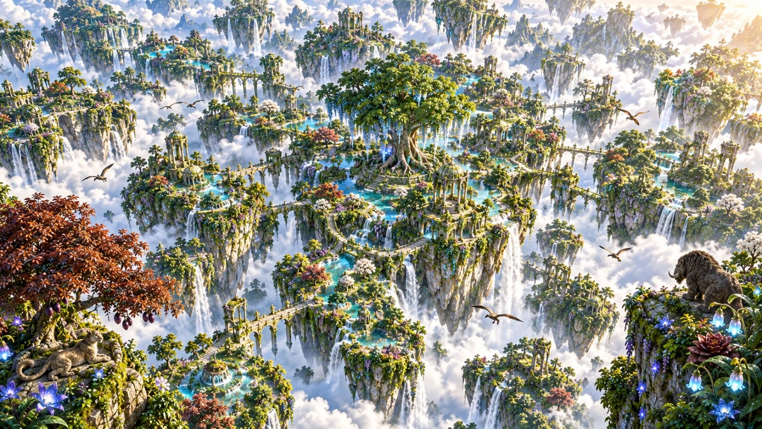 Sunlit floating mountains, colorful trees and glowing blue flowers above the clouds