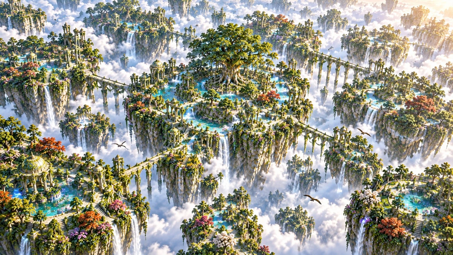 A great tree on a floating island surrounded by turquoise pools, waterfalls and suspended bridges