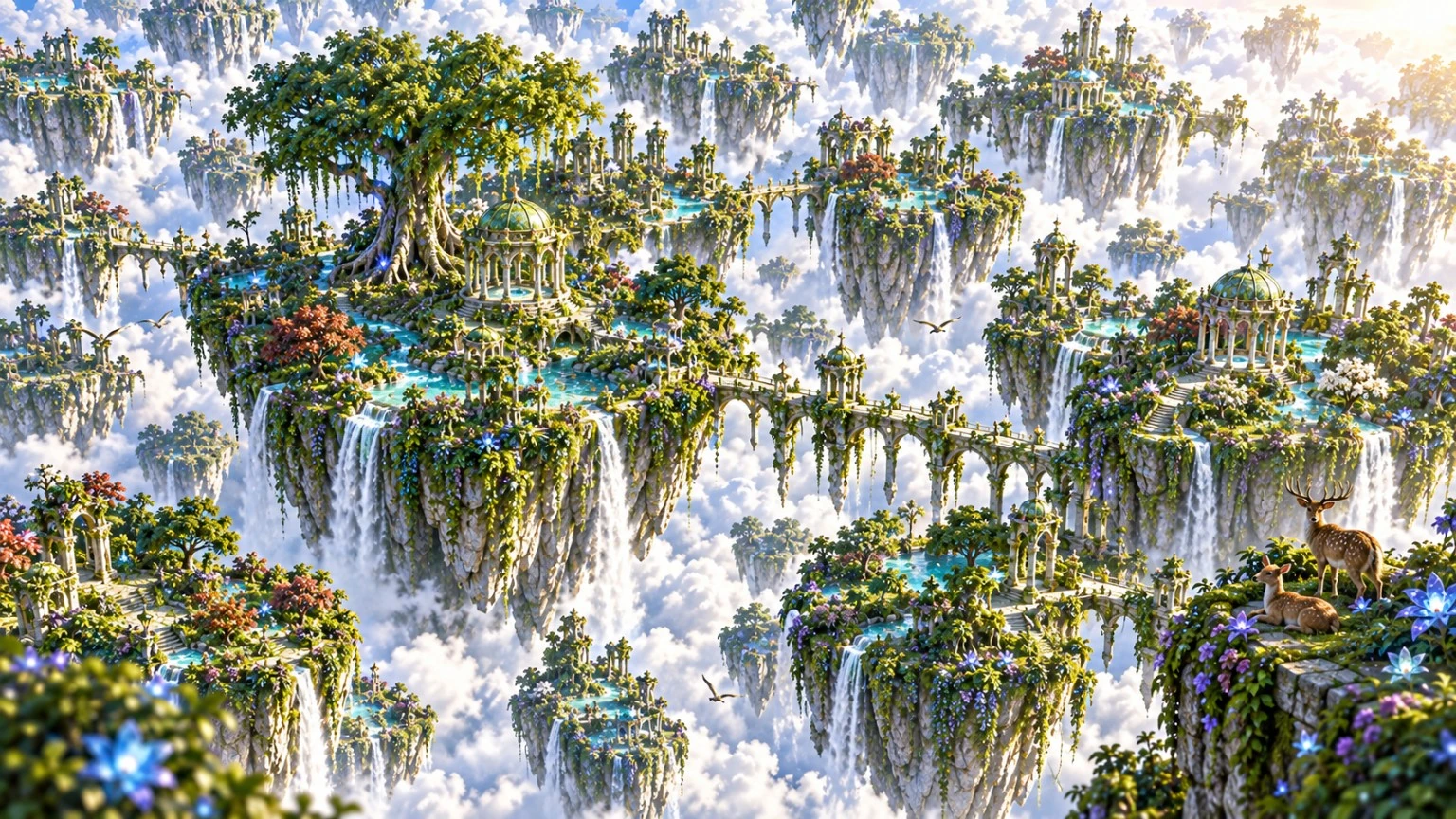 Terraced floating forests linked by bridges, with turquoise streams and waterfalls