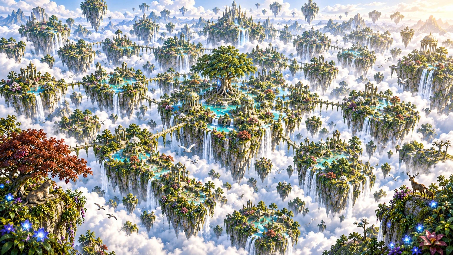 A panorama of layered floating islands framed by red leaves and luminous flowers