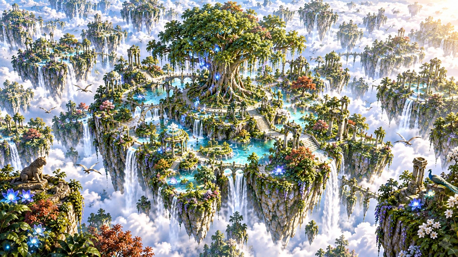 A towering tree above cascading island pools, surrounded by glowing blue flowers and distant floating mountains
