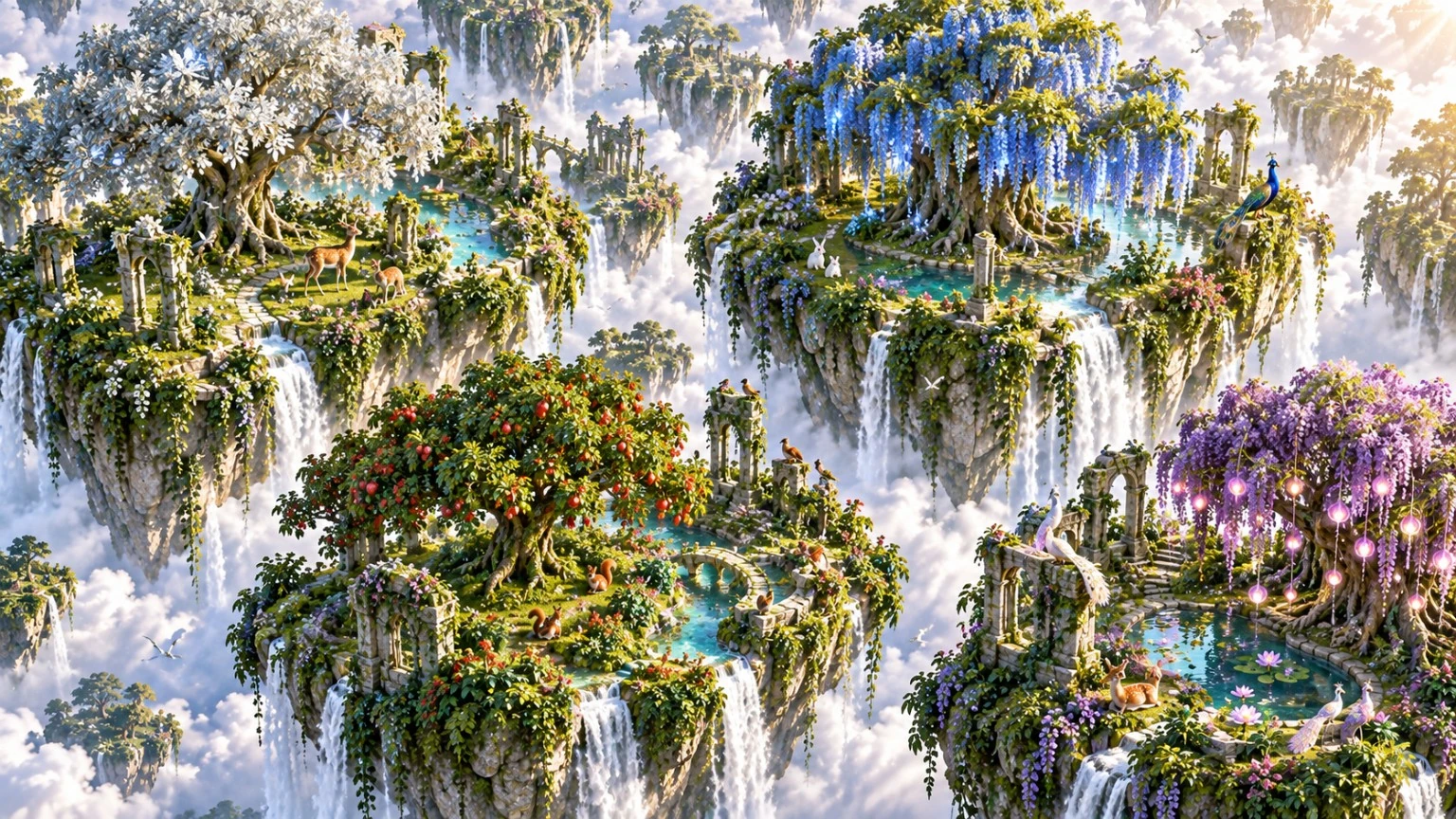 Floating islands with silver-leaf, blue-flowering and violet-glowing trees above a sea of clouds