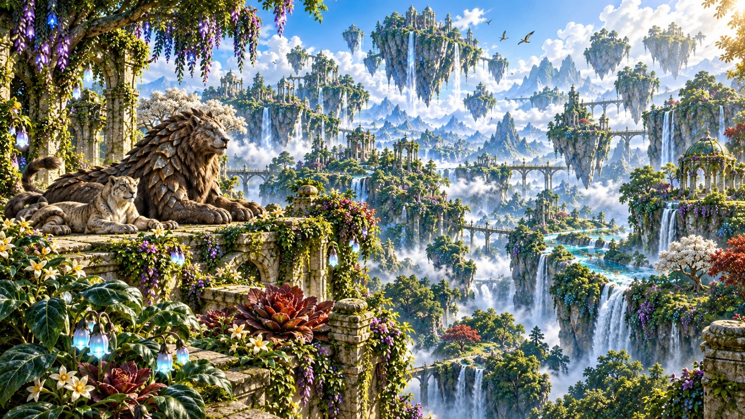 Mythical animals resting on a lush cliff above waterfalls and floating forest islands