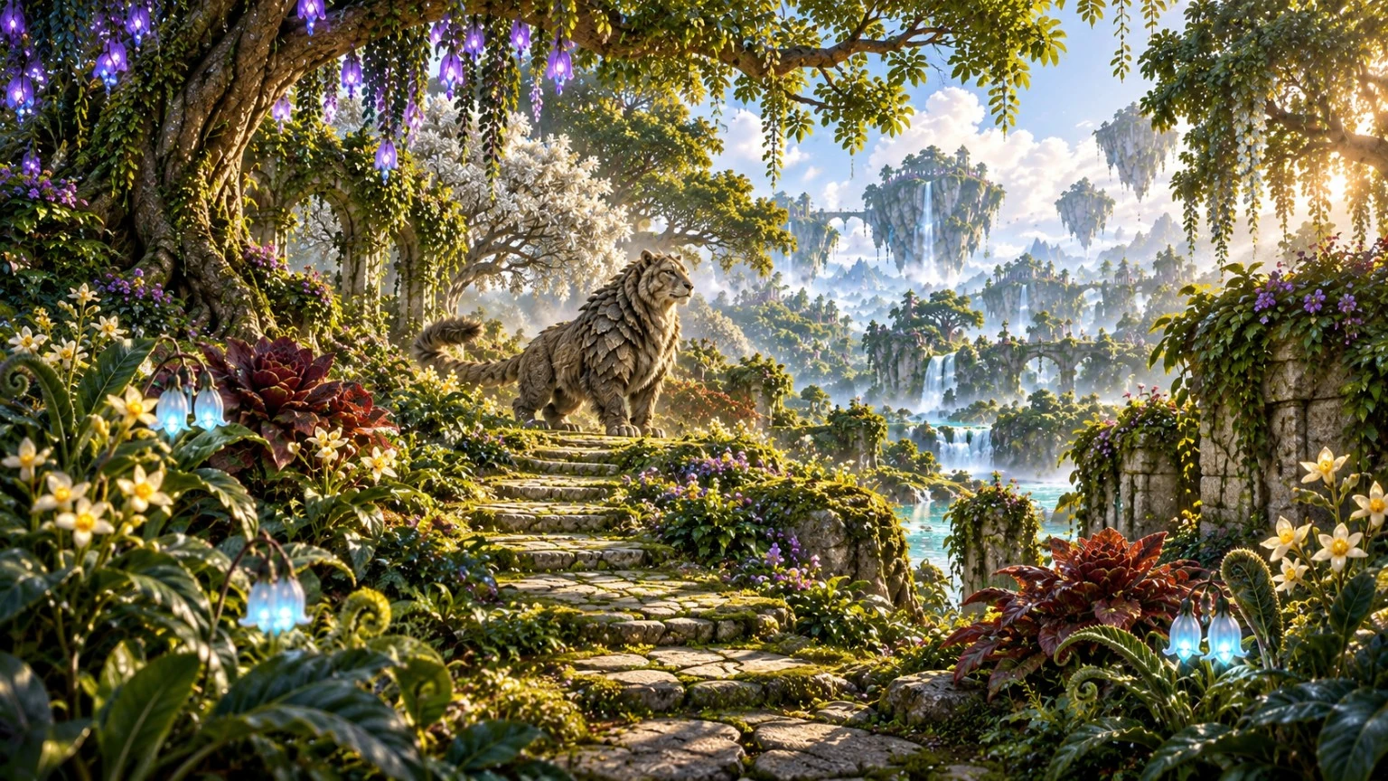 A large mythical creature beside moss-covered forest steps beneath glowing violet blossoms
