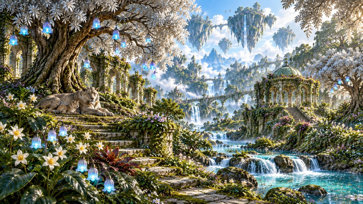 A silver-leaf tree beside stone steps and cascading turquoise streams, with floating mountains beyond