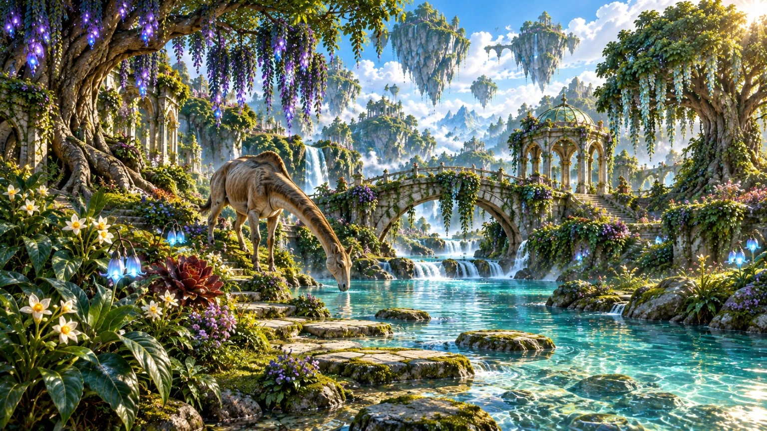 A long-necked mythical animal drinking from a clear forest pool beneath an arched stone bridge
