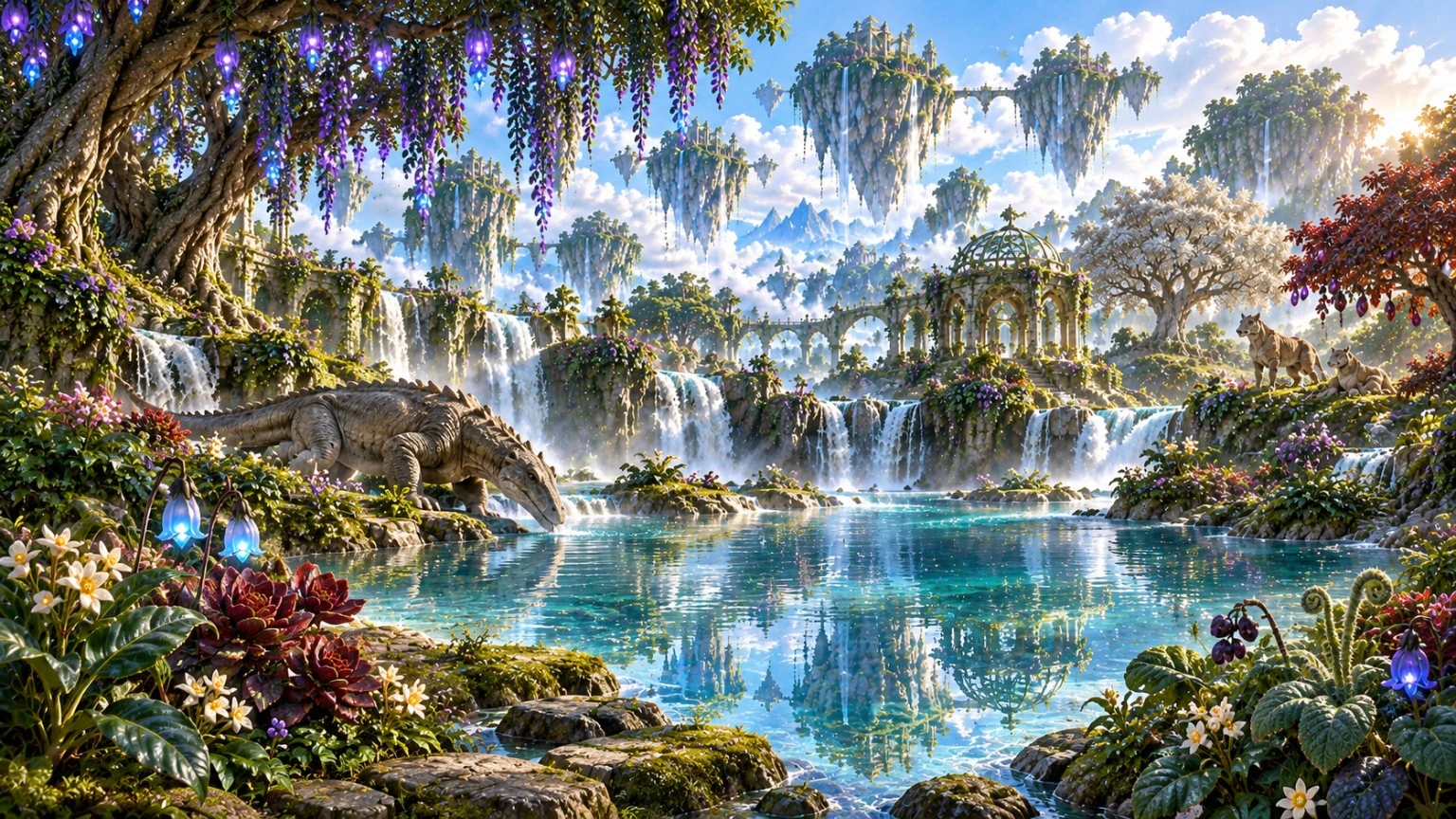 A reptilian creature beside a turquoise lagoon, with waterfalls, glowing flowers and hanging violet blossoms