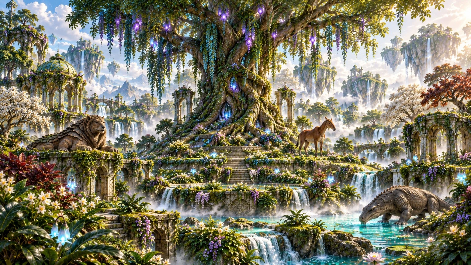 Mythical animals gathering around a giant luminous tree and terraced forest streams