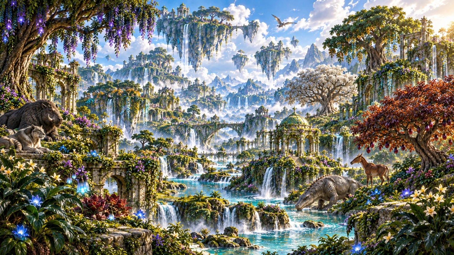 A wide forest valley with rare creatures, cascading pools, ancient bridges and floating mountains