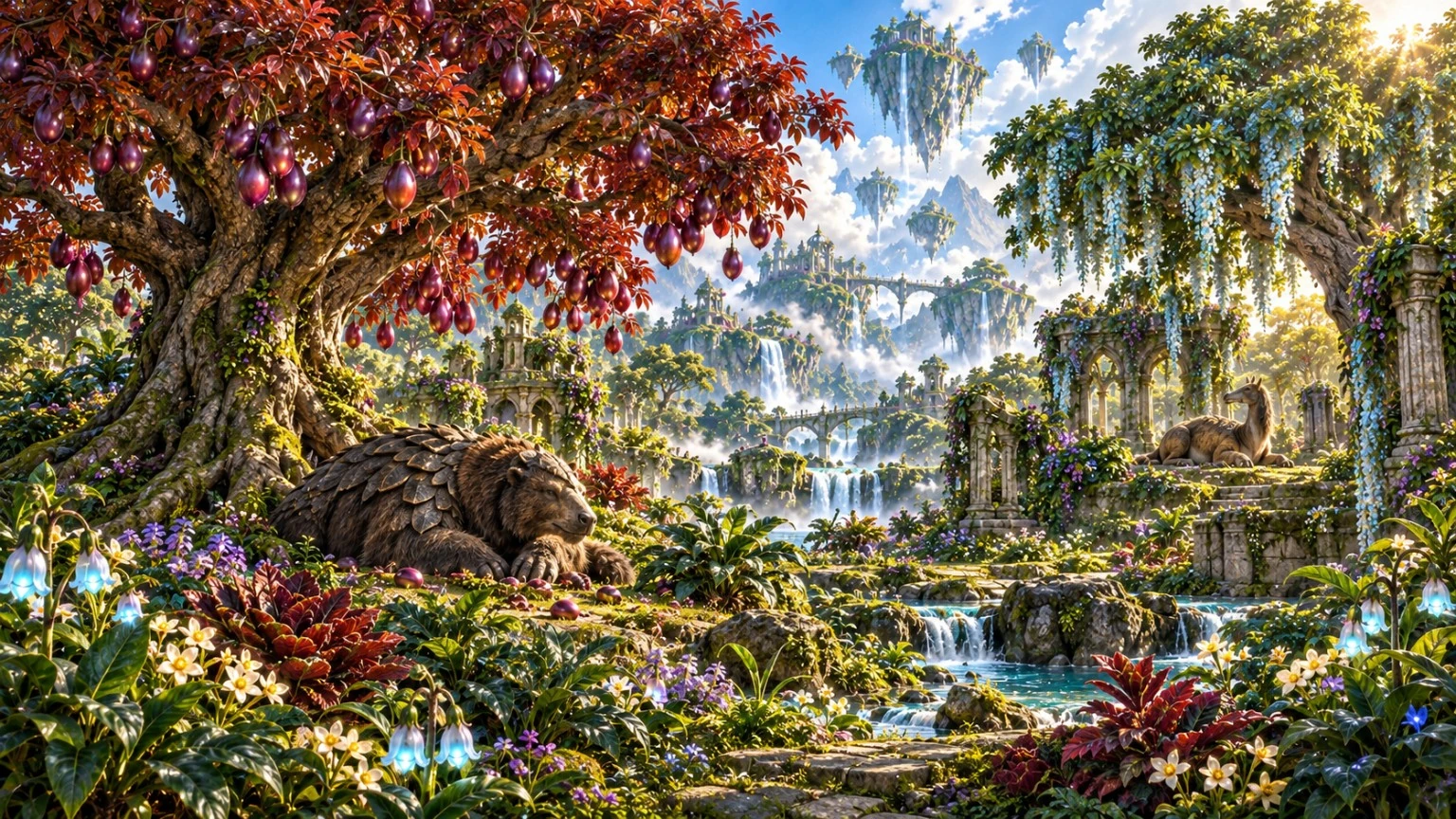An armored mythical animal resting beneath a red-leaf fruit tree beside glowing flowers and waterfalls