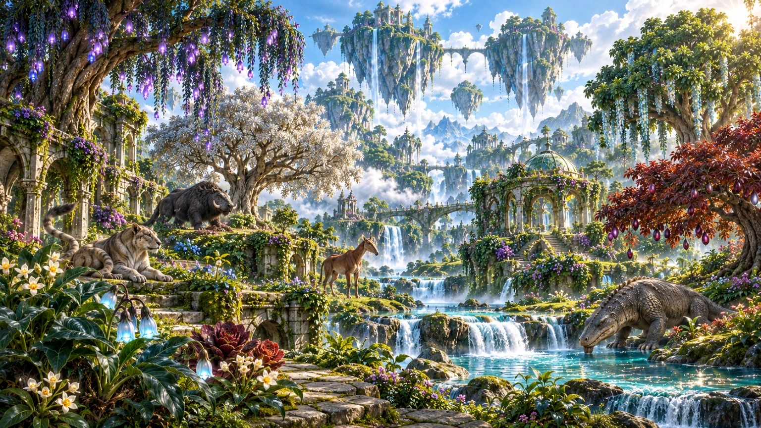 Mythical animals among silver and red-leaf trees, luminous flowers and stepped turquoise waterfalls