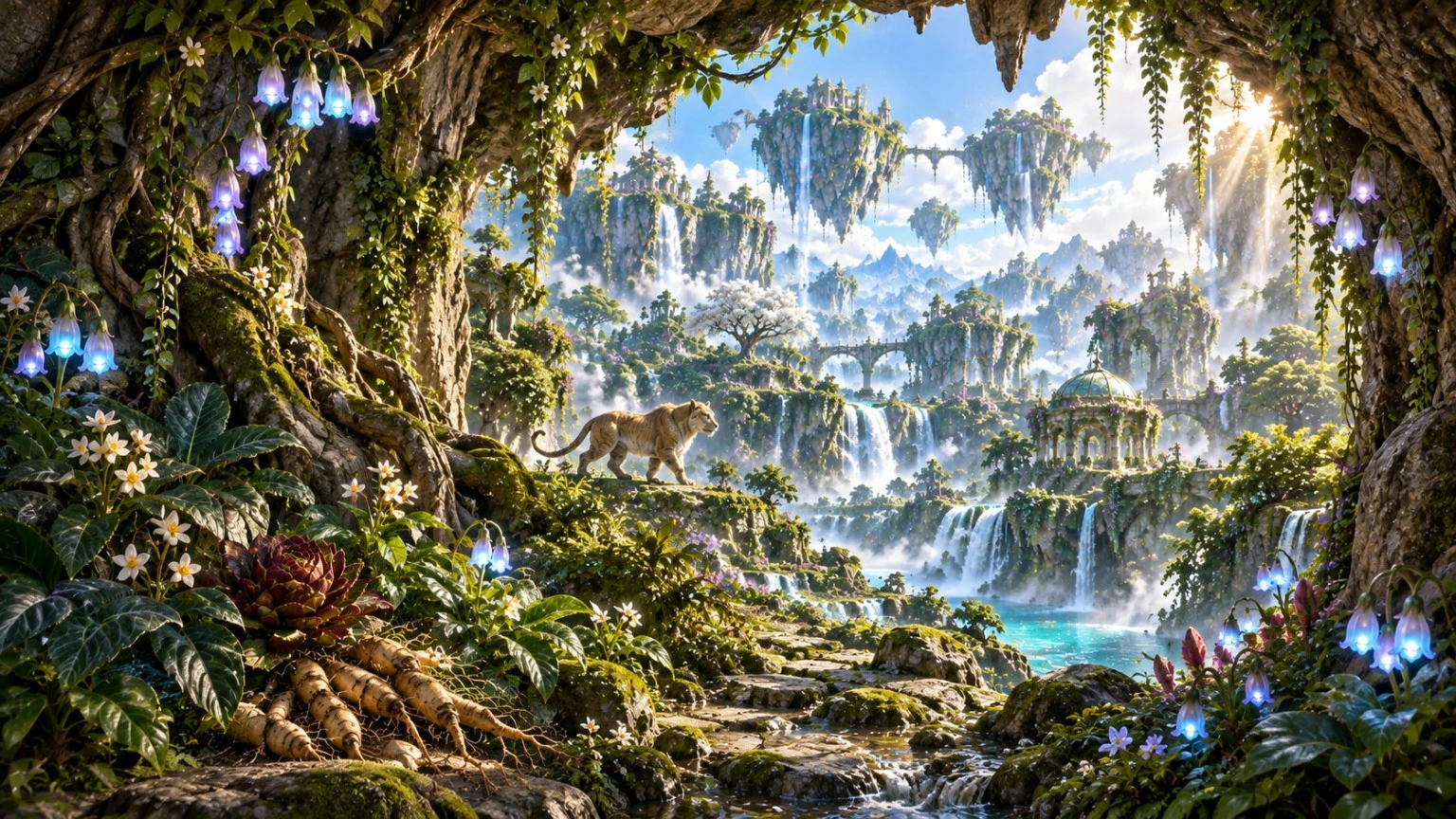 A forest path framed by an arch of tree roots, opening toward waterfalls and distant floating islands