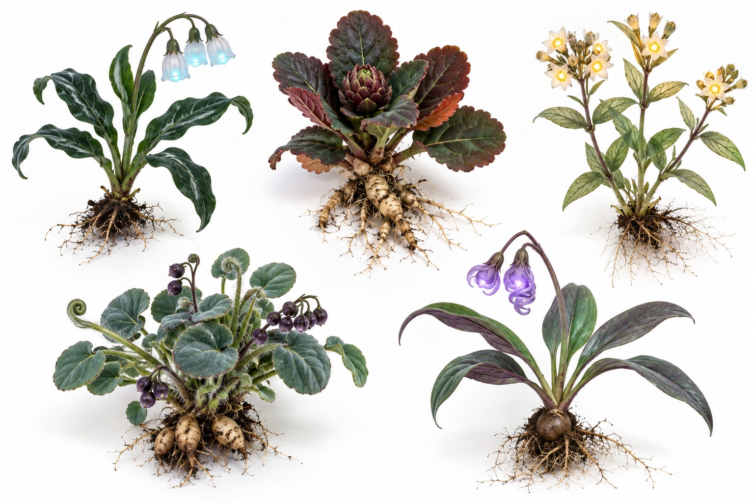 Five plants of Mayavanam with varied leaves, exposed roots and blue, golden and violet flowers