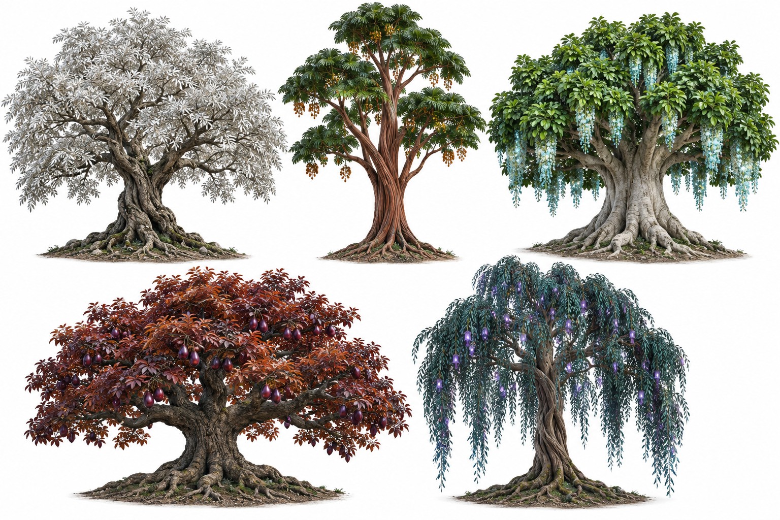 Five trees of Mayavanam with silver leaves, golden fruit, hanging blue flowers, red foliage and glowing violet blossoms