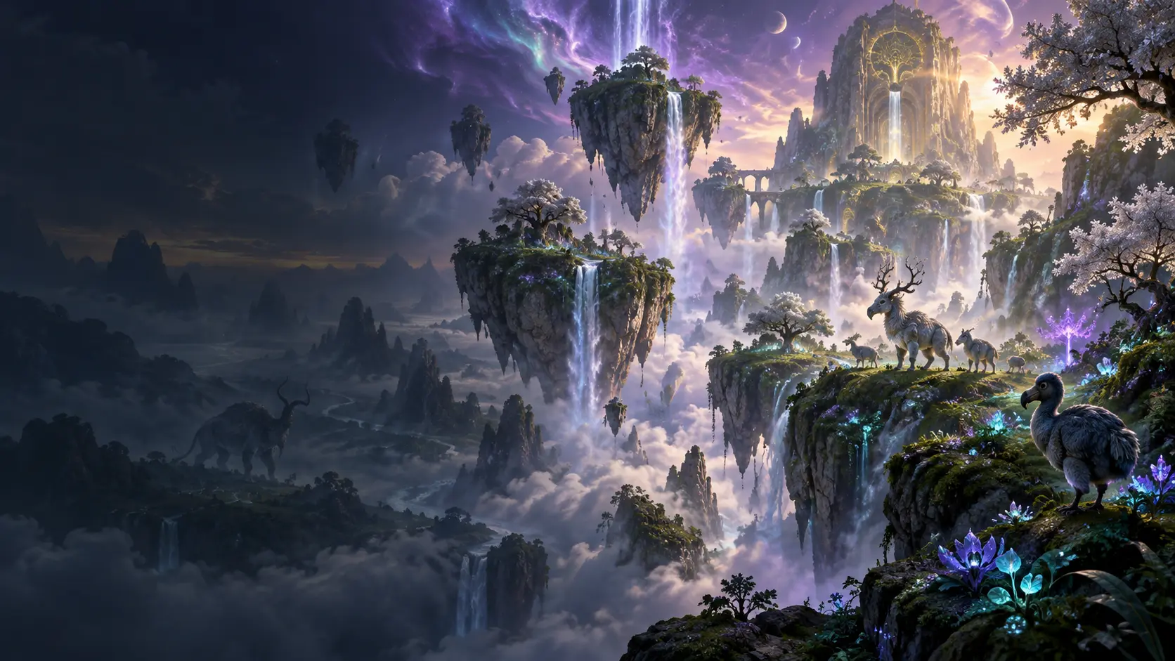 Mayavanam with floating mountains, silver trees and luminous waterfalls